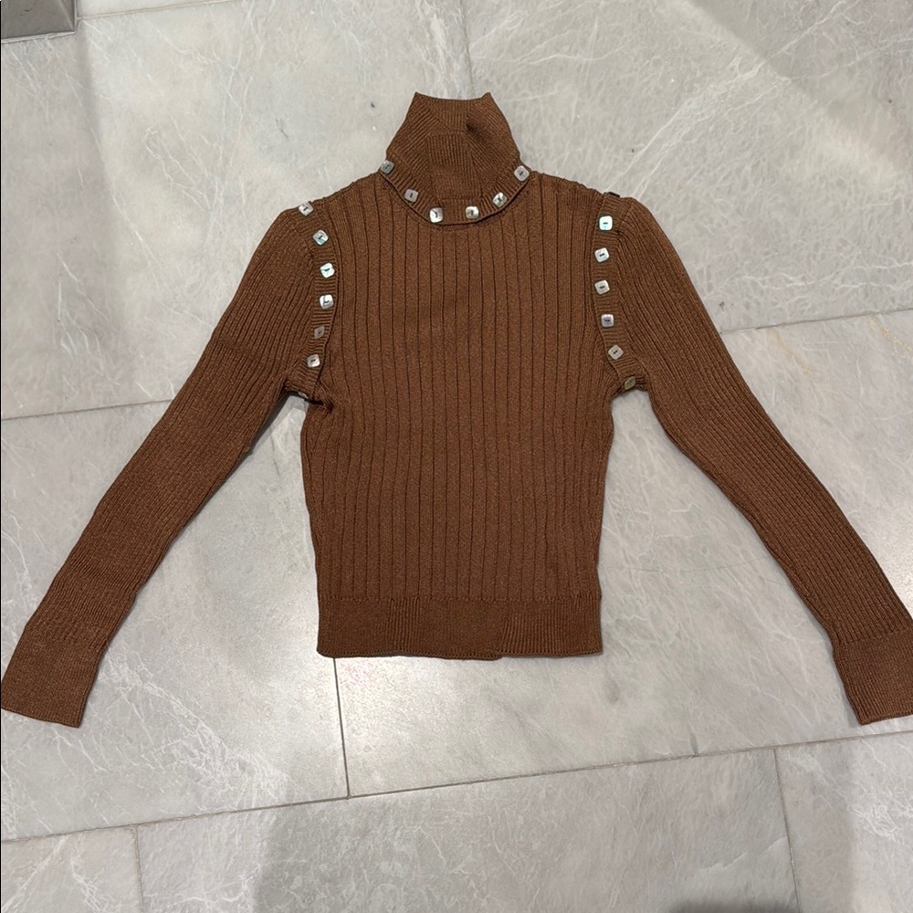 Brown Turtleneck Sweater with Stud Accents